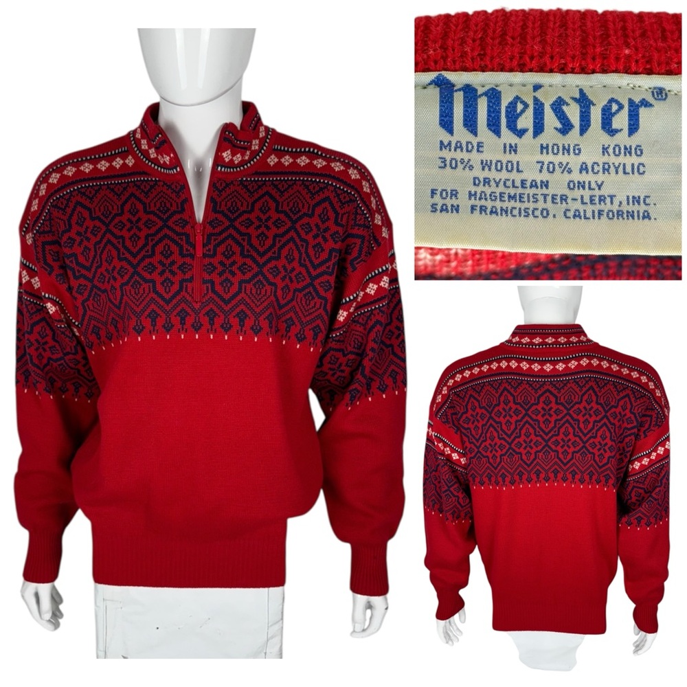 Meister Mens Large 1/4 Zip Sweater Red Wool Acrylic Blend Vintage Ski Nordic